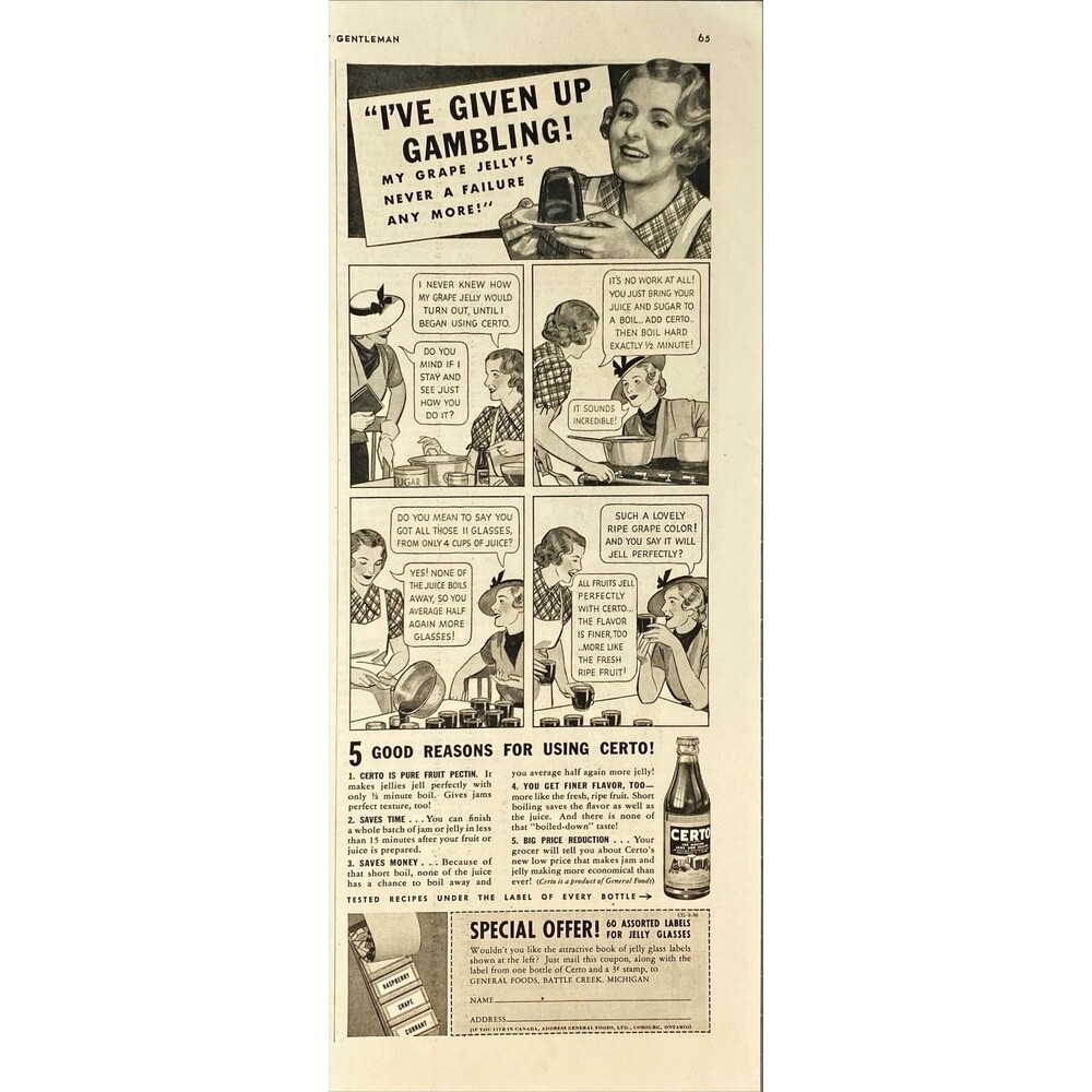 CERTO for making Jams & Jellies "Give Up Gambling" Illustrated Print Ad 1936